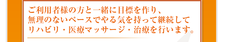 ご利用者様の方と一緒に目標を作り、無理のないペースでやる気を持って継続してリハビリ・医療マッサージ・治療を行います。